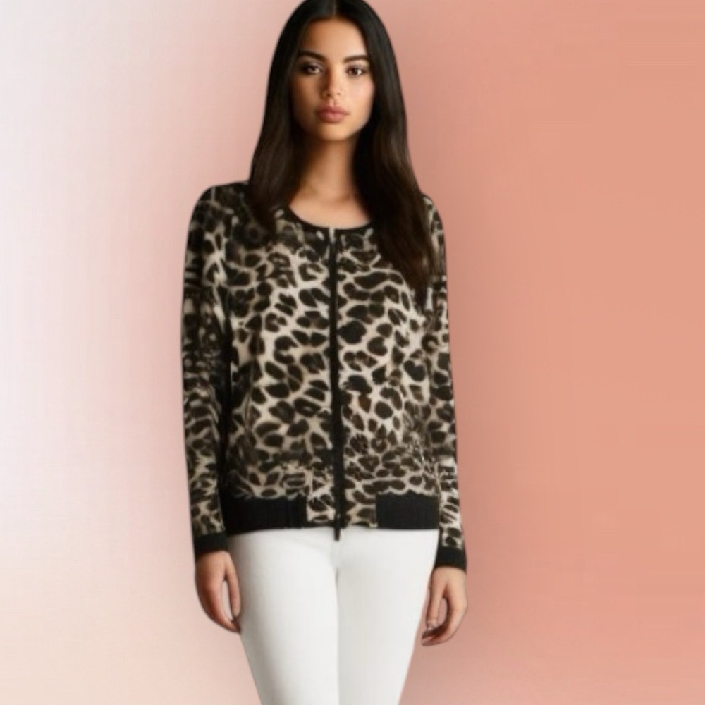 NEW York & Co 7th Ave Leopard Faux Leather Trim Zip Jacket S New
